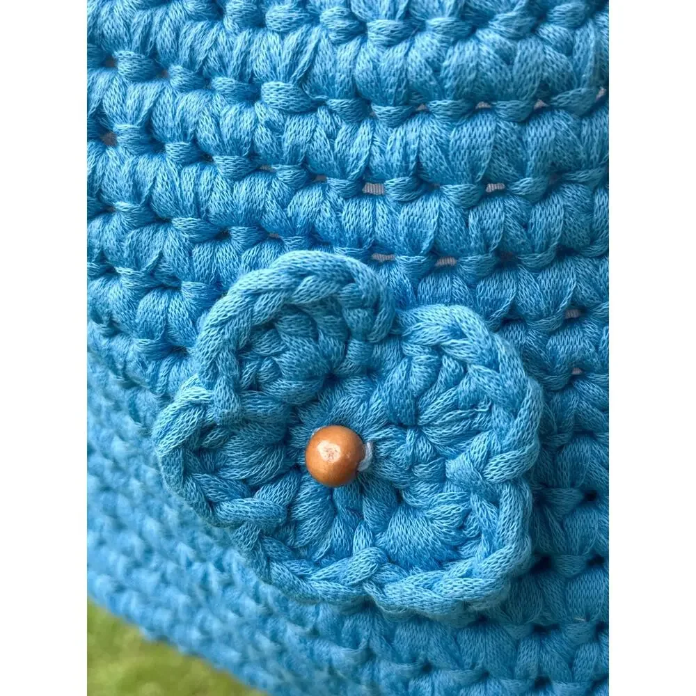 Handmade Crochet Blue Crossbody Bag Floral Applique Lined Boho Purse